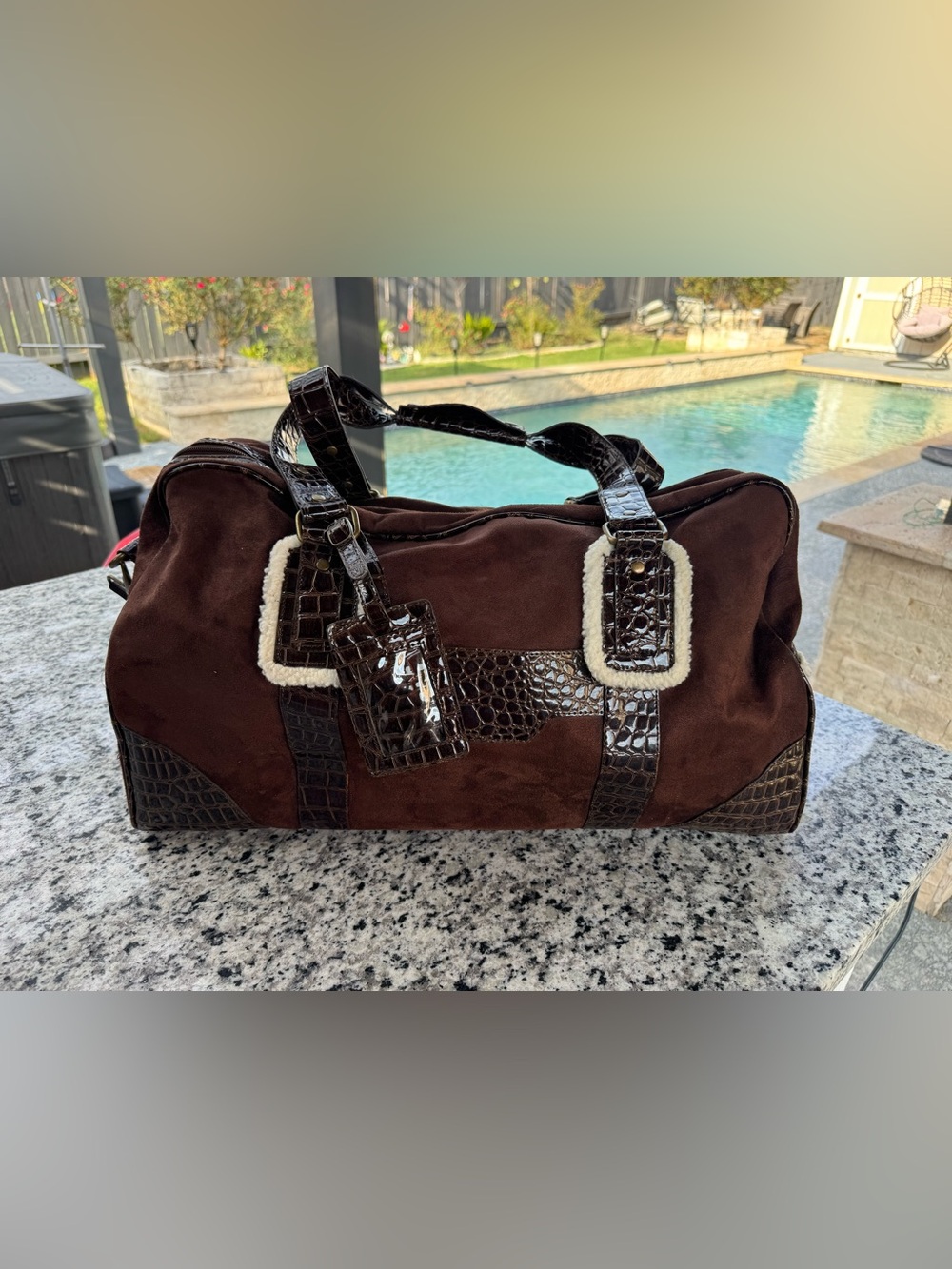 Women’s Dark Brown Suede Duffel Bag with Croc-Embossed Trim